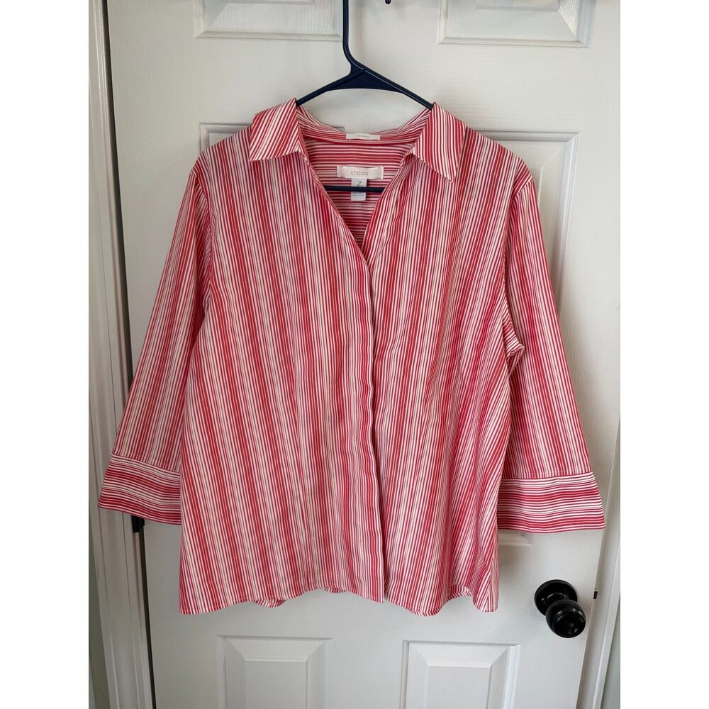 Chico's No Iron Pinstripe Red Gold Holiday Christmas Button Blouse 3/4 Sleeve 2
